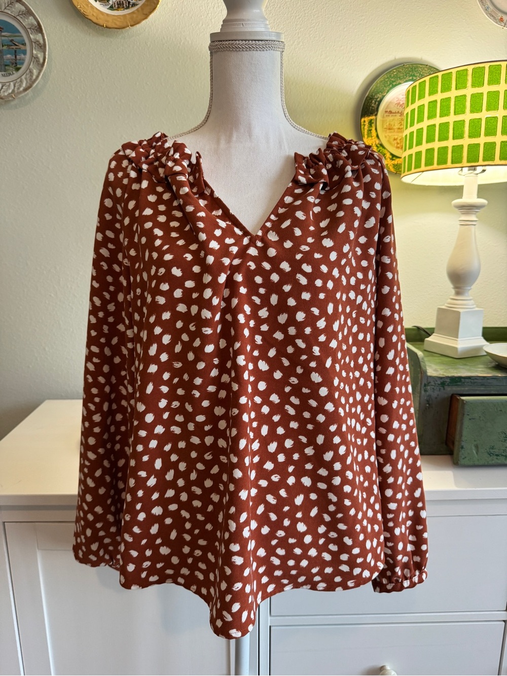 J. Crew Orange & White Spot Print Ruffle V-Neck Blouse Size M